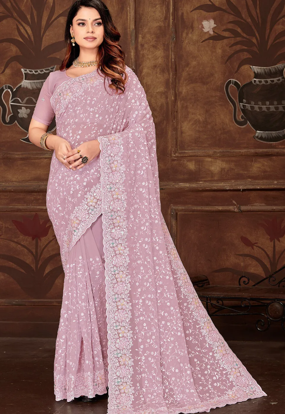 Embroidered Georgette Scalloped Saree in Purple