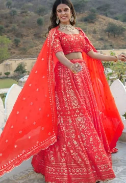 Embroidered  Georgette Scalloped Lehenga in Red