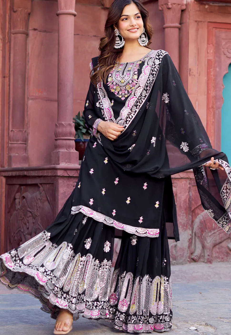 Embroidered Georgette Scalloped Pakistani Suit in Black