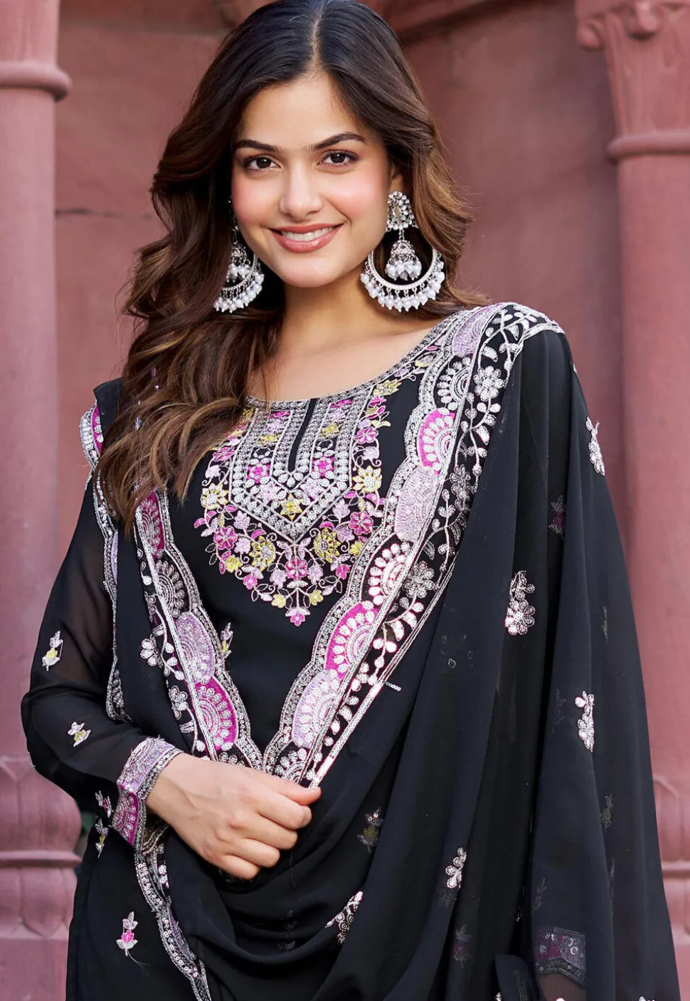 Embroidered Georgette Scalloped Pakistani Suit in Black