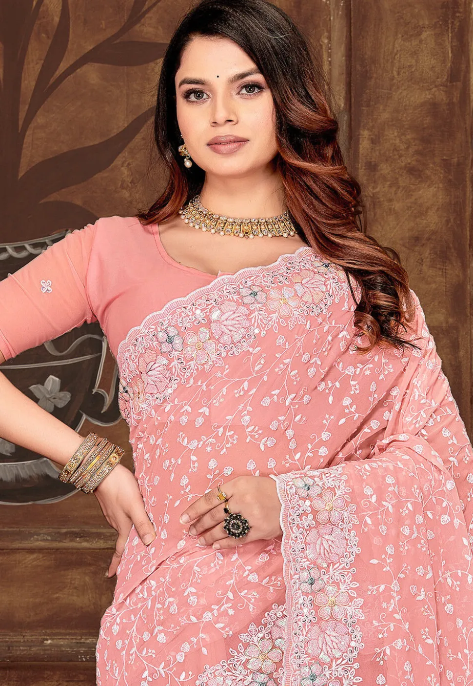 Embroidered Georgette Scalloped Saree in Peach