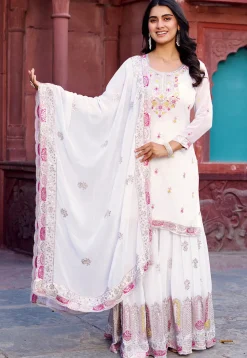 Embroidered Georgette Scalloped Pakistani Suit in Off White