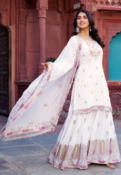 Embroidered Georgette Scalloped Pakistani Suit in Off White