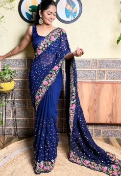 Embroidered Georgette Scalloped Saree in Navy Blue
