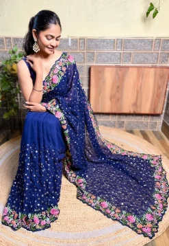 Embroidered Georgette Scalloped Saree in Navy Blue