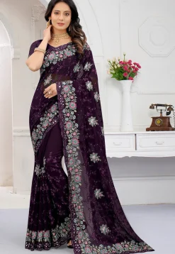 Embroidered Georgette Scalloped Saree in Dark Purple