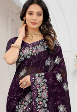 Embroidered Georgette Scalloped Saree in Dark Purple