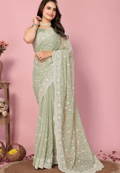 Embroidered Georgette Scalloped Saree in Pastel Green