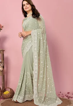 Embroidered Georgette Scalloped Saree in Pastel Green