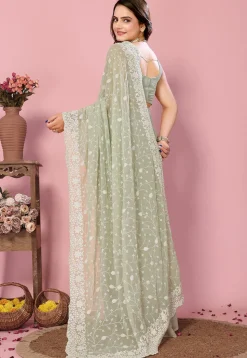 Embroidered Georgette Scalloped Saree in Pastel Green