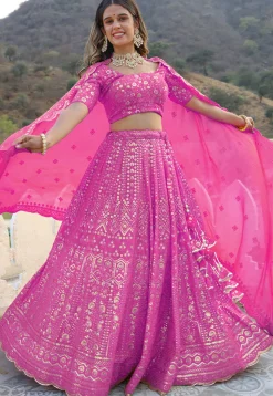 Embroidered  Georgette Scalloped Lehenga in Pink
