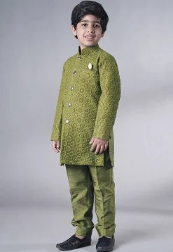 Embroidered Georgette Sherwani Set in Olive Green