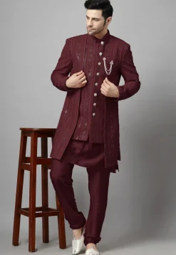Embroidered Georgette Sherwani in Wine
