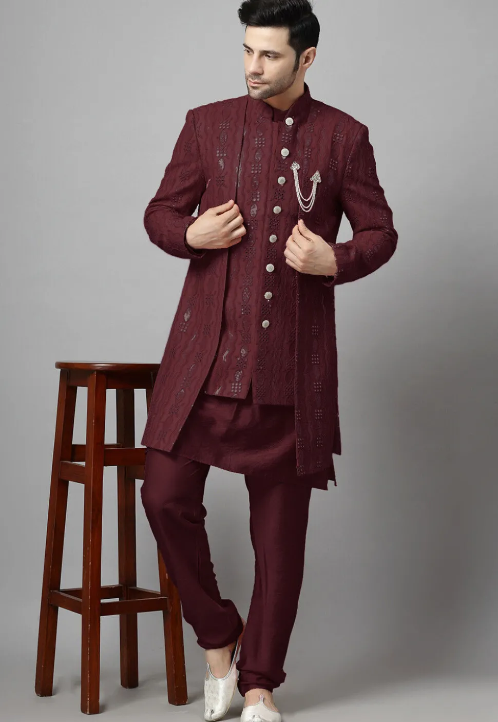 Embroidered Georgette Sherwani in Wine