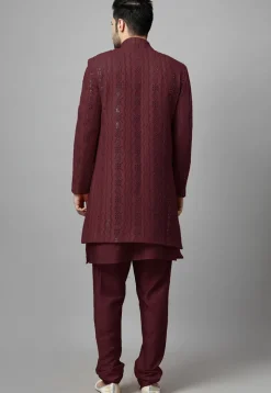 Embroidered Georgette Sherwani in Wine