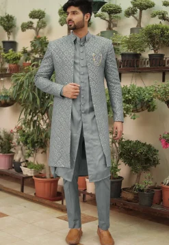 Embroidered Georgette Sherwani in Grey