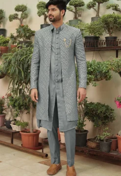 Embroidered Georgette Sherwani in Grey