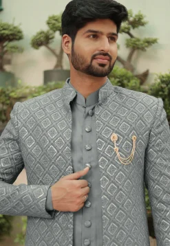Embroidered Georgette Sherwani in Grey