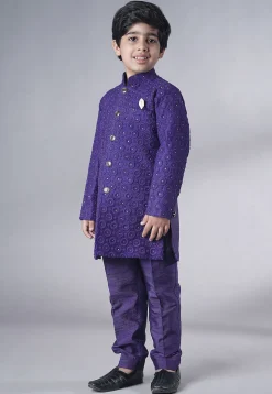 Embroidered Georgette Sherwani Set in Dark Purple