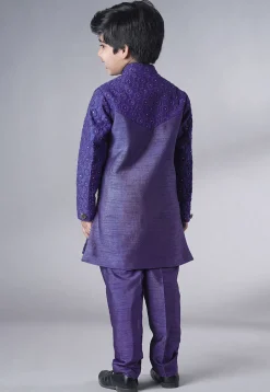 Embroidered Georgette Sherwani Set in Dark Purple