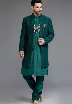 Embroidered Georgette Sherwani in Teal Green