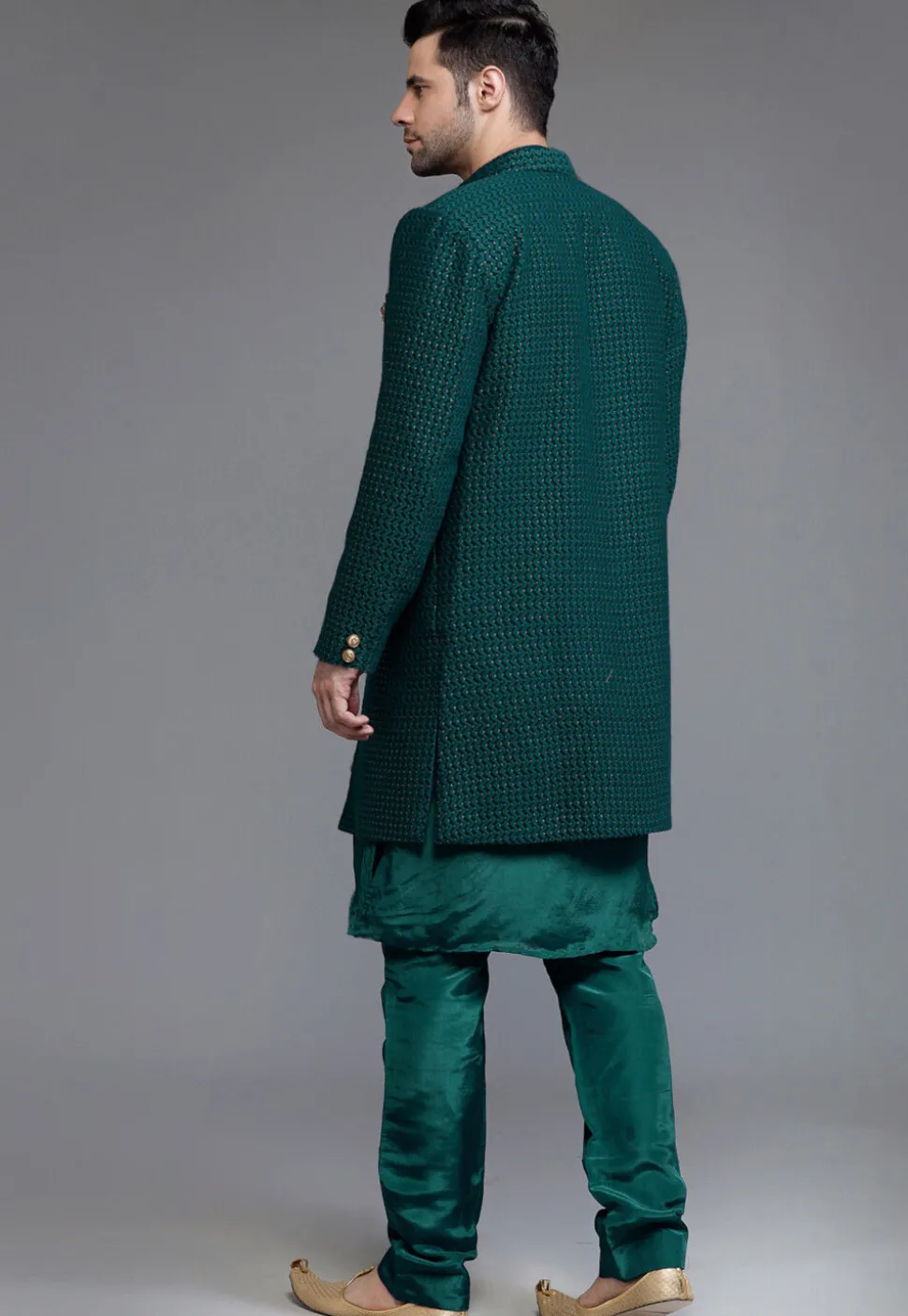Embroidered Georgette Sherwani in Teal Green