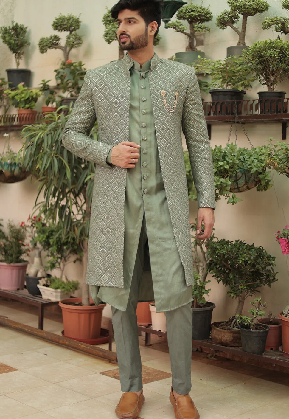 Embroidered Georgette Sherwani in Dusty Green