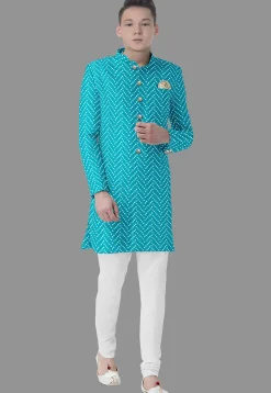 Embroidered Georgette Sherwani in Turquoise