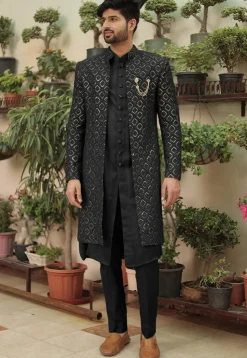 Embroidered Georgette Sherwani in Black