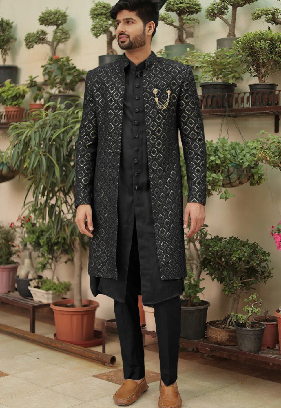 Embroidered Georgette Sherwani in Black