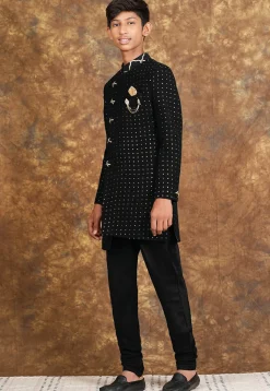 Embroidered Georgette Sherwani in Black