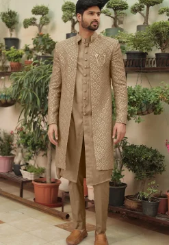 Embroidered Georgette Sherwani in Dark Beige