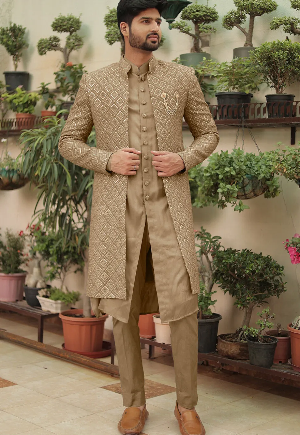 Embroidered Georgette Sherwani in Dark Beige