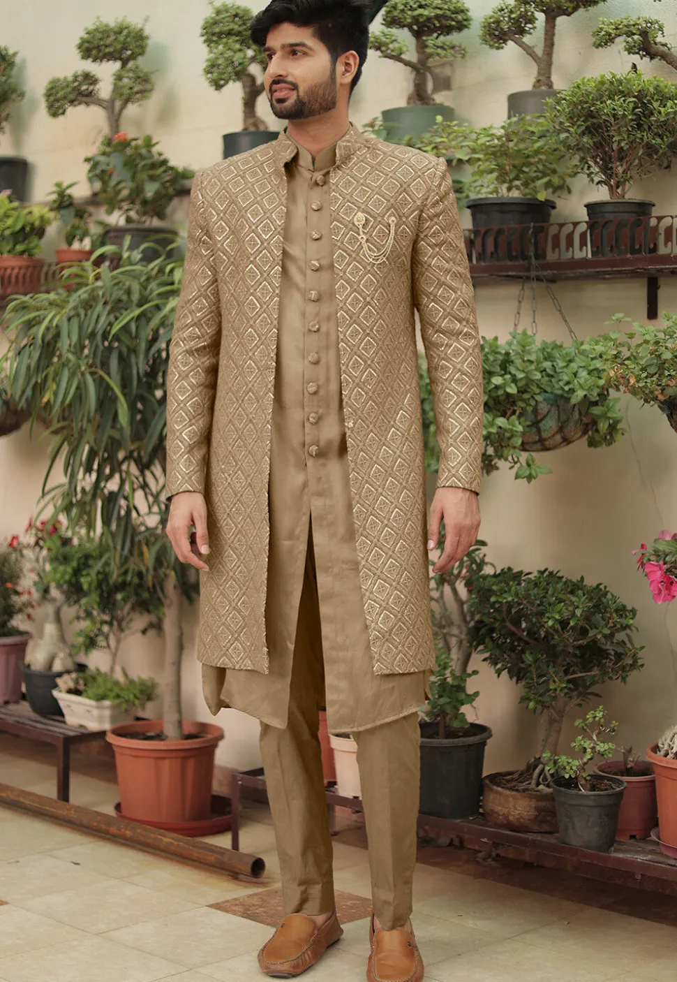 Embroidered Georgette Sherwani in Dark Beige