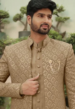 Embroidered Georgette Sherwani in Dark Beige