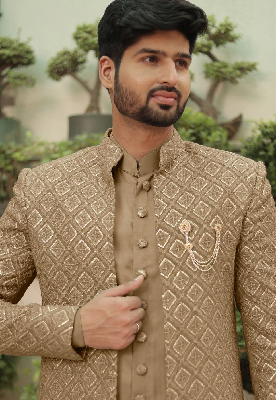 Embroidered Georgette Sherwani in Dark Beige