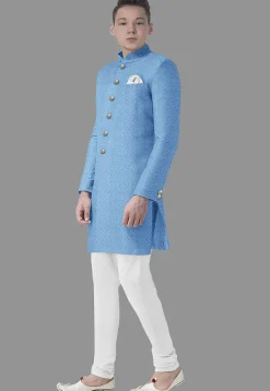Embroidered Georgette Sherwani in Light Blue