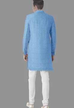 Embroidered Georgette Sherwani in Light Blue