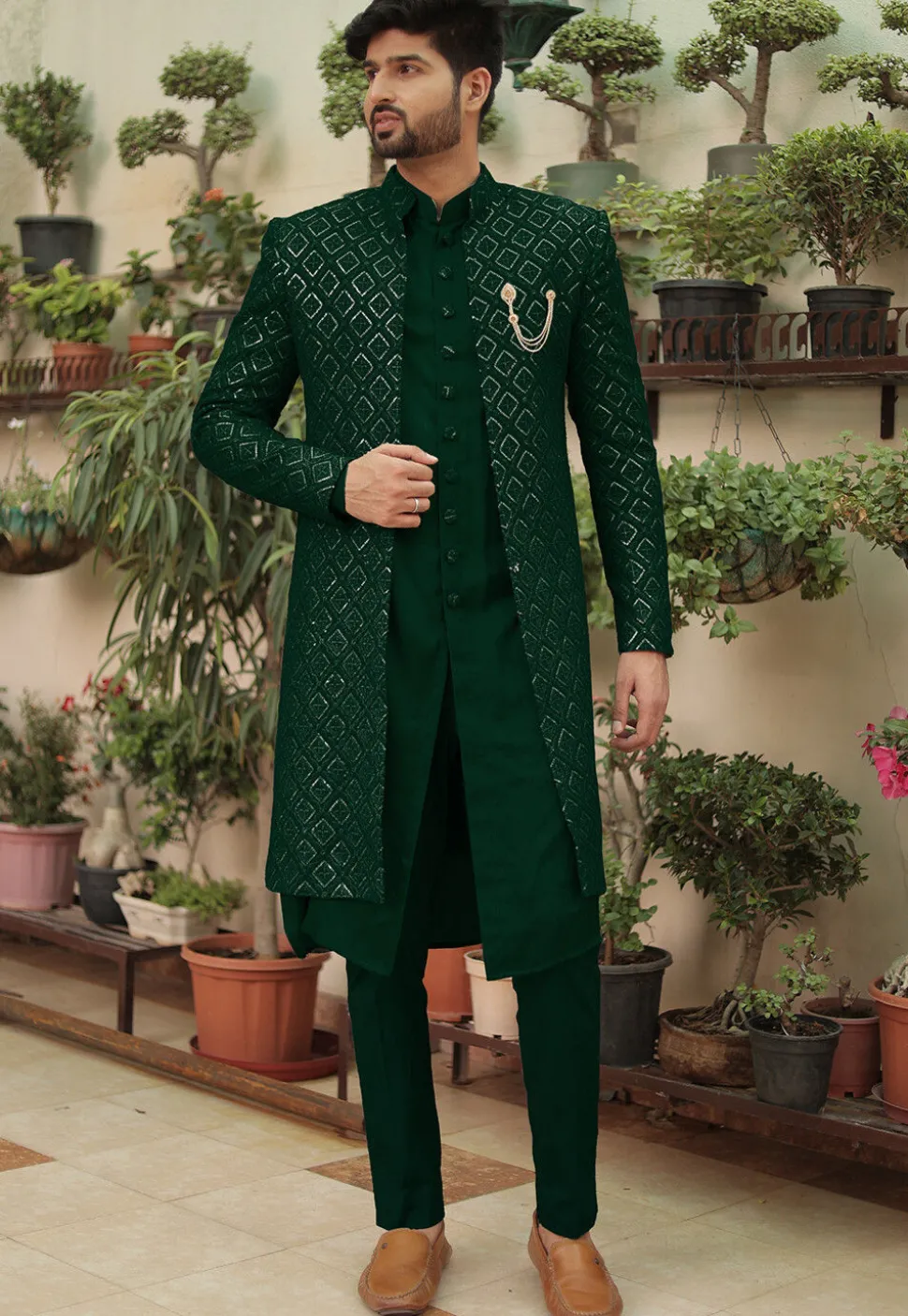 Embroidered Georgette Sherwani in Dark Green