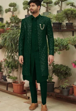 Embroidered Georgette Sherwani in Dark Green
