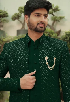 Embroidered Georgette Sherwani in Dark Green