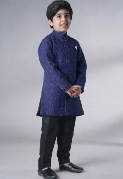 Embroidered Georgette Sherwani Set in Navy Blue