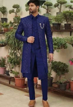 Embroidered Georgette Sherwani in Royal Blue