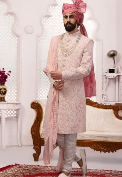 Embroidered Georgette Sherwani in Pink
