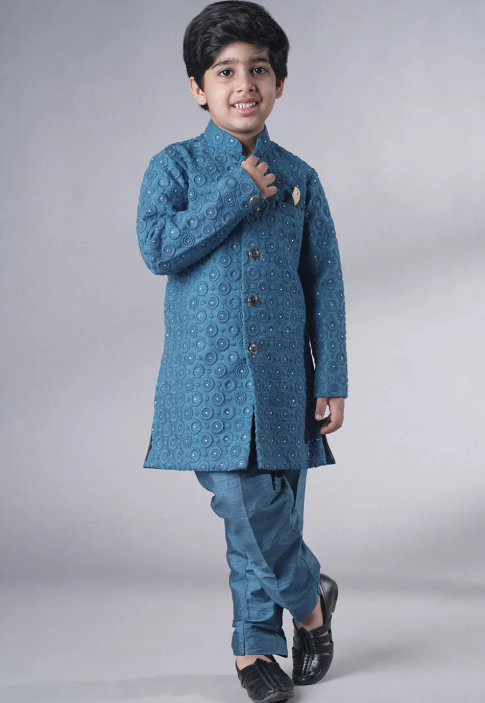 Embroidered Georgette Sherwani Set in Teal Blue
