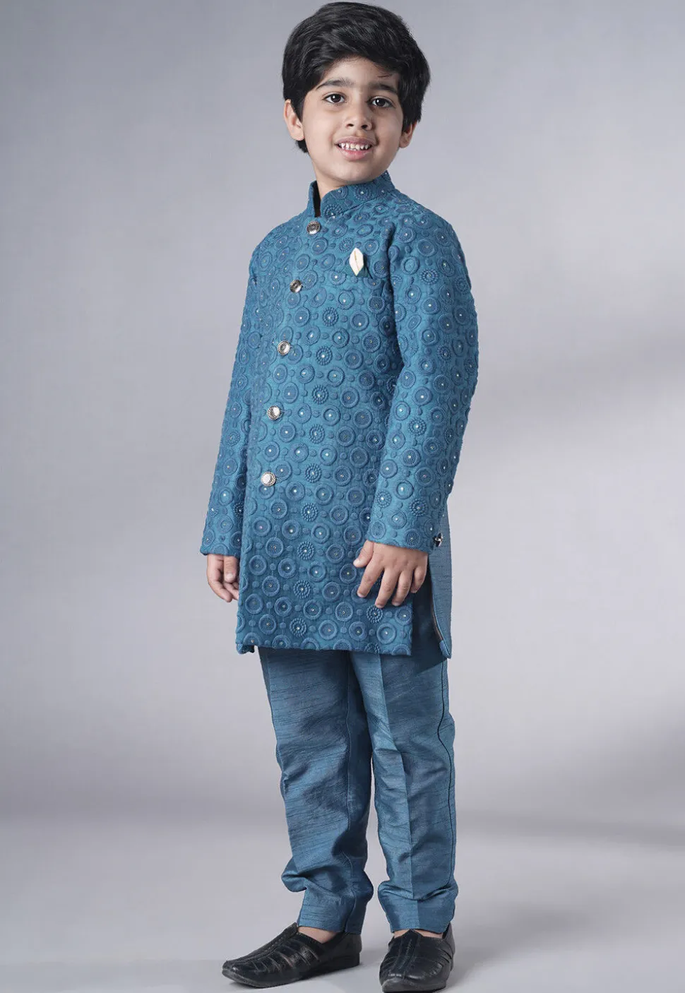 Embroidered Georgette Sherwani Set in Teal Blue