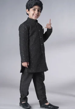 Embroidered Georgette Sherwani Set in Black