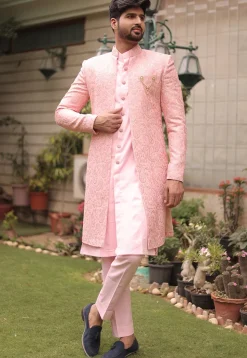 Embroidered Georgette Sherwani in Pink