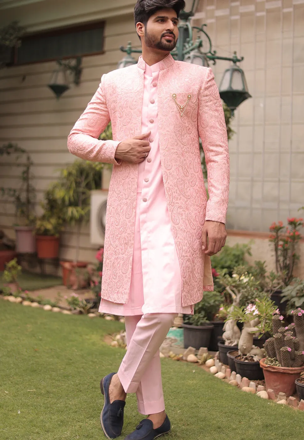 Embroidered Georgette Sherwani in Pink
