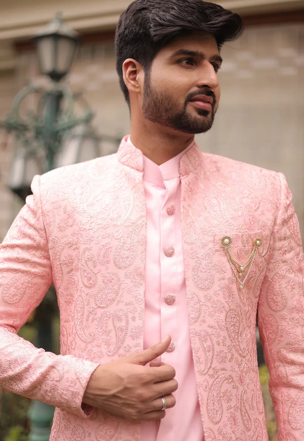 Embroidered Georgette Sherwani in Pink